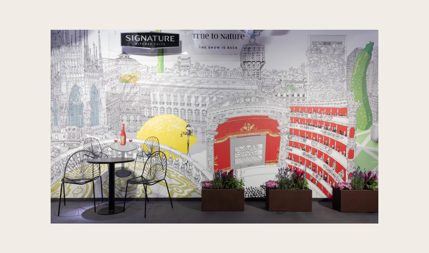 The art piece by Italian architect and illustrator, Carlo Stanga, is displayed at the Signature Kitchen Suite showroom in Piazza Cavour, Milan, Italy