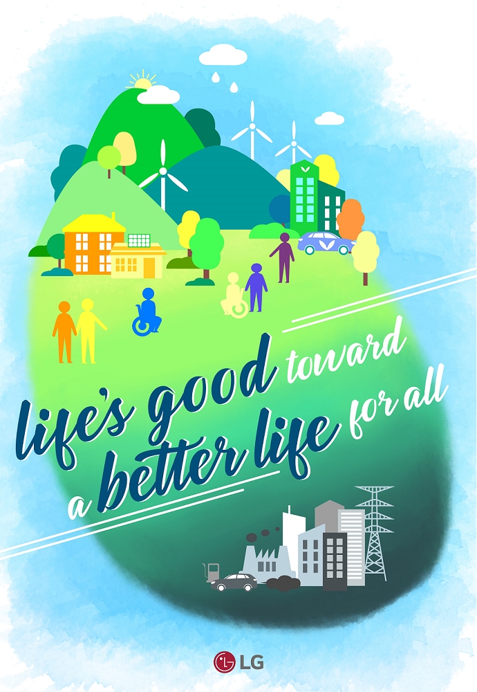 An illustration displaying contrasting eco-friendly and eco-harmful societies with the phrase, &quot;Life's good toward a better life for all&quot;
