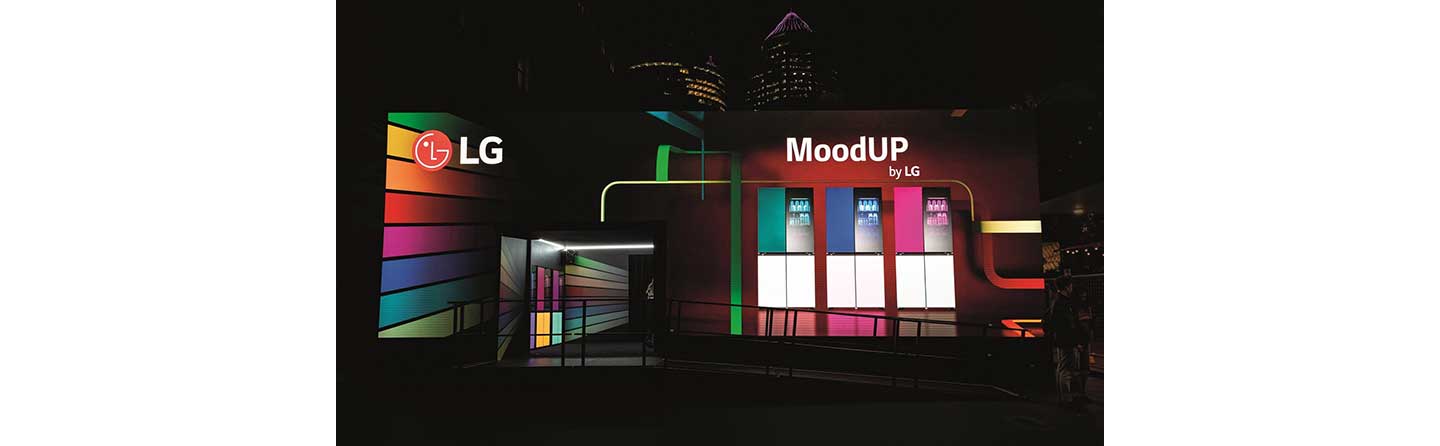 The photo of LG’s ‘MoodUP™, by LG’ activation LED wall with the LG InstaView fridges with MoodUP at Vivid Sydney 2023