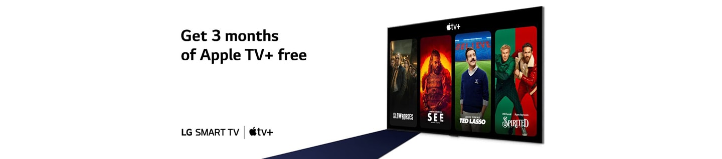 A promotional image for the 3-month free subscription to Apple TV+ on an LG Smart TV, with exclusive shows displayed including Ted Lasso