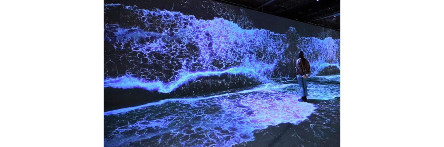 A visitor fully immersed in the white and blue waves being realistically reproduced through an art installation utilizing LG OLED displays