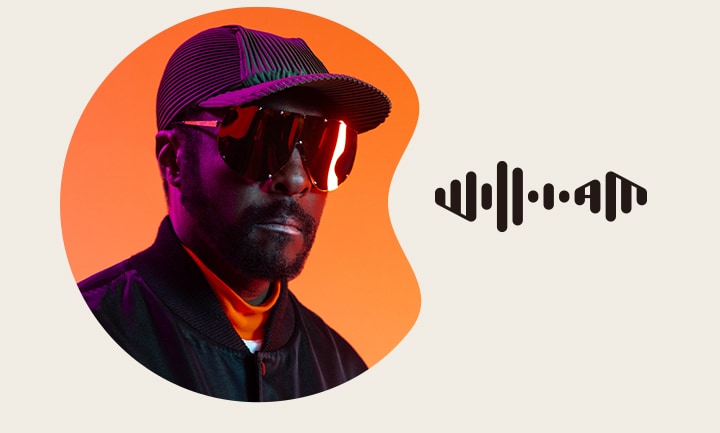 On the left side will.i.am's image from the front places on orange-colored-background. He's wearing a cap and sunglasses. On the right side his logo is placed.