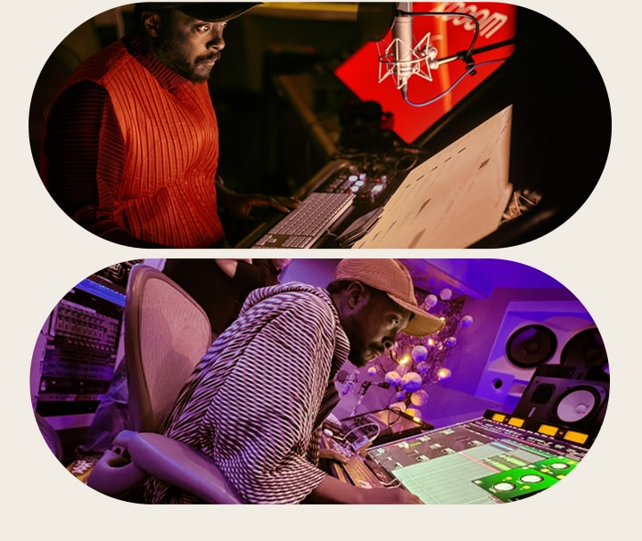 On the upper image will.i.am is working at a recording studio wearing a red vest staring at a screen places before him. On the bottom image will.i.am is as well working at a studio staring at the screen with green windows on it.