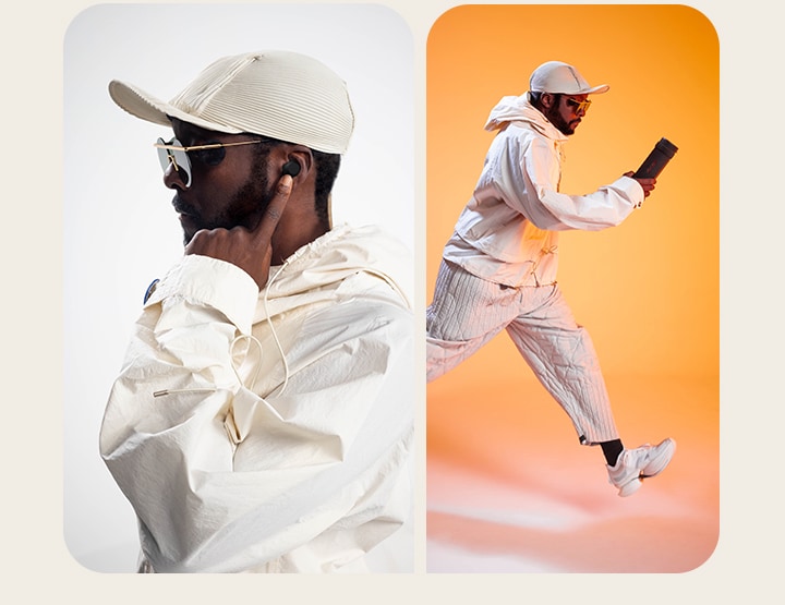 On the left side will.i.am in the white background wearing white outfit and white hat is pointing at his black earbud in his left ear with his left index finger. On the right side will.i.am in the same outfit in a orange background is posing like he's running and holding a xboom Grab in his right hand.