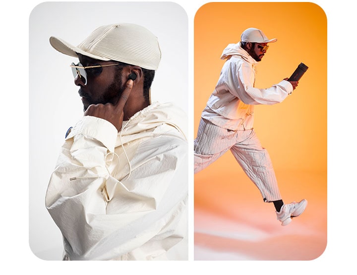 On the left side will.i.am in the white background wearing white outfit and white hat is pointing at his black earbud in his left ear with his left index finger. On the right side will.i.am in the same outfit in a orange background is posing like he's running and holding a xboom Grab in his right hand.