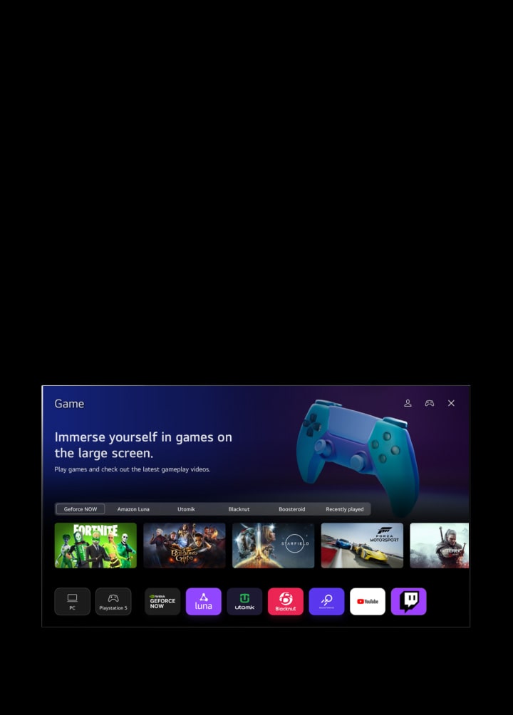 指標點擊「Sports」，螢幕淡入「Sports」主頁，顯示文字「Register your favorite team/player for more information about league standing, game schedules or any other updates,」和「Popular league list」。五個縮圖分別標示為「Soccer」、「Basketball」、「Baseball」、「Cricket」和「Ice Hockey」。螢幕淡出，指標點擊「Game」，螢幕淡入遊戲主頁，並顯示「Immerse yourself in a game on the large screen. You can play games and check out the latest gameplay videos」的文字。圖像顯示標有 GeForce NOW、Amazon Luna、Utomik、Blacknut、Boosteroid 和「Recently played」的按鈕。顯示以下標誌：GeForce Now、Amazon Luna、Utomik、Blacknut、Boosteroid、YouTube 和 Twitch。