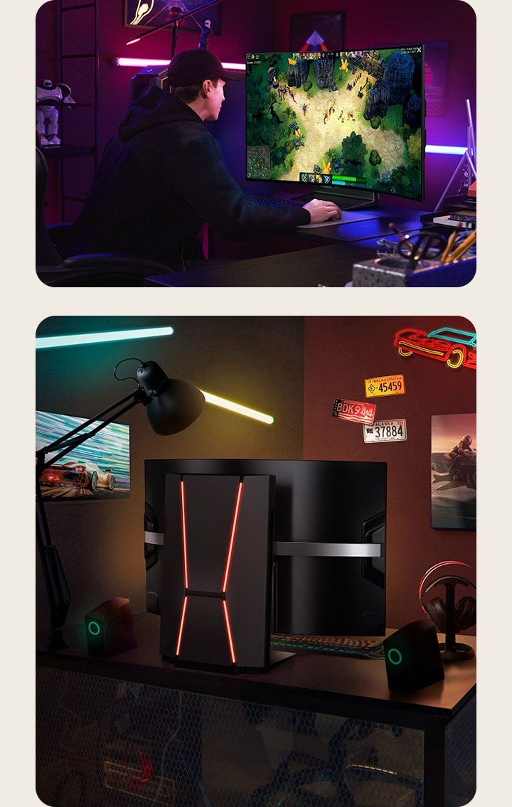電腦桌上,配備 LG OLED Flex 兩種不同遊戲設定。其中一張照片中,一名遊戲玩家正在透過 LG OLED Flex 玩電子遊戲。另一種設定中,展示 LG OLED Flex 背面。從這角度看,突顯電視顯示屏弧度。