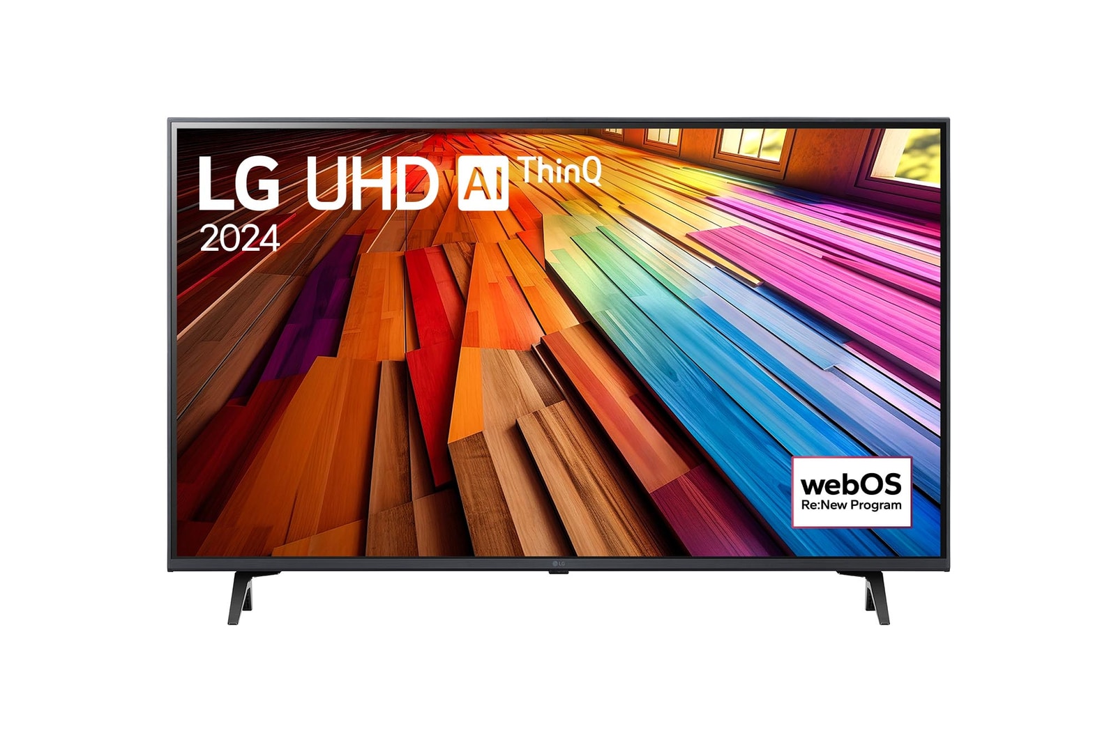 LG UHD TV UT80 的正面視圖，螢幕上顯示文字「LG UHD AI ThinQ, 2024」和 webOS Re:New Program 標誌