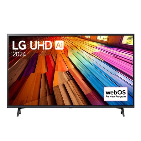 LG UHD TV UT80 的正面視圖，螢幕上顯示文字「LG UHD AI ThinQ, 2024」和 webOS Re:New Program 標誌