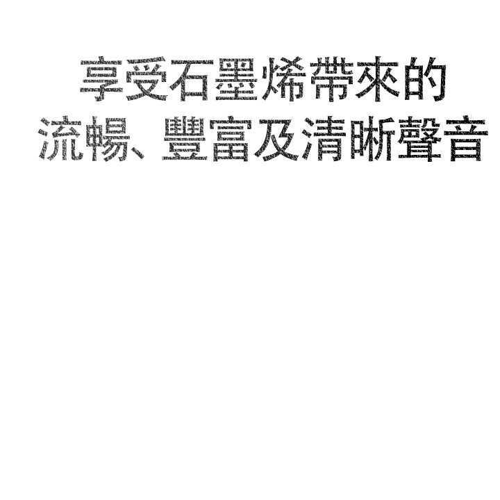 圖像顯示黑色背景下的六邊形圖案。當您向下捲動頁面時，會看到一幅文字圖像，上面寫著：「享受石墨烯帶來的流暢、豐富和清晰聲音。」