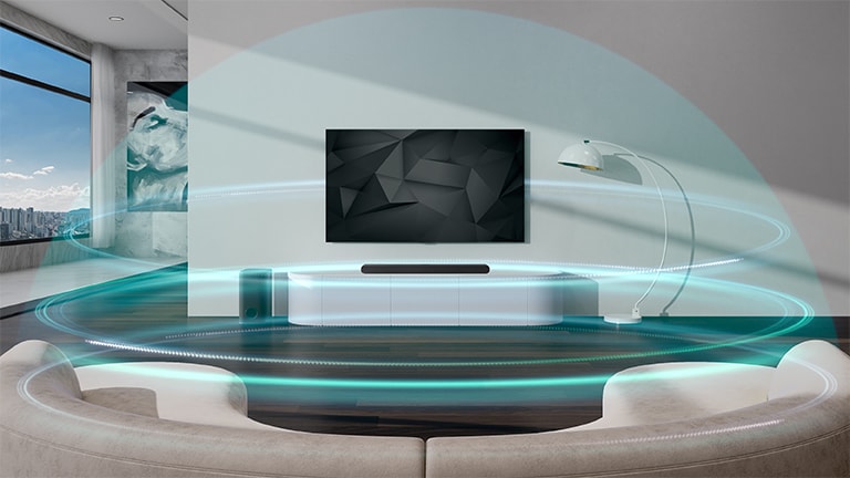 藍色圓頂形的 3 層聲波覆蓋著掛在客廳牆上的 Sound Bar 和電視。