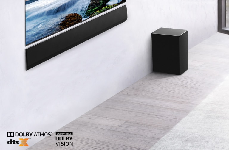 電視和 LG Soundbar 掛在牆身，而下方和右側均放置了超低音揚聲器。電視顯示海上日落的景緻。