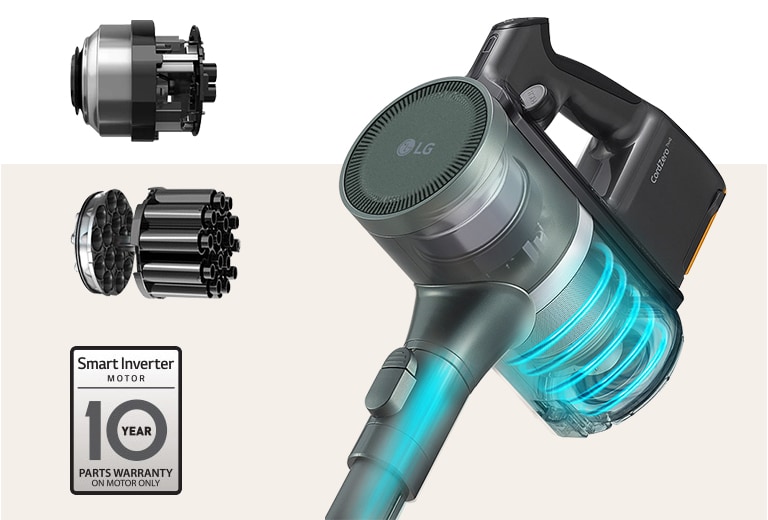 圖像顯示 Smart Inverter Motor™ 和 Axial Turbo Cycle™。此外,吸頭和頂部變透明以顯示安裝在裏面的 Smart Inverter Motor™。