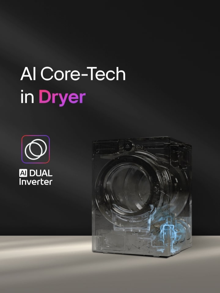 LG 乾衣機展示了 DUAL Inverter 部件的透視結構，還有標題「乾衣機產品的 AI Core-Tech」和 AI Dual Inverter 標誌，中央位置是一個「D」字，被兩支箭嘴包圍形成一個環，相關圖案展示在一個深色背景上，附有粉紅和紫色邊框。