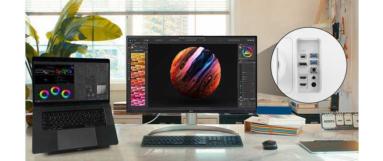 LG UltraFine™ 具有 USB Type-C™、DisplayPort、HDMI 及兩個 USB 連接埠，能夠兼容各種設備。