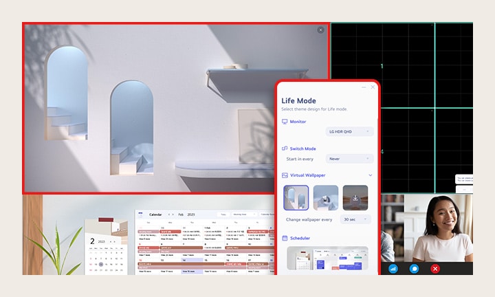 LG Switch 应用程式配合您的工作需要善用显示器。您可以轻松地将整个显示屏画面分割为 6 个显示区域、管理日程，甚至以自订快捷键轻松启动视像通话平台。