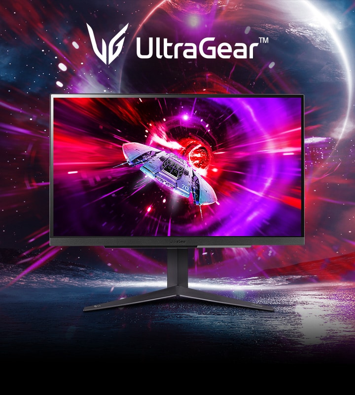UltraGear™ 27GR82Q 的正面視圖，螢幕顯示太空船的影像。