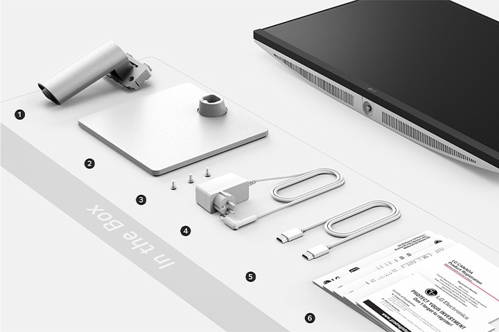 盒内包含支架主体、支架底座、螺丝、电源变压器、HDMI 线、快速启动指南、登记卡及保养卡。