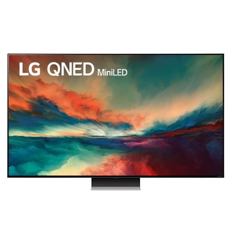 A front view of the LG QNED TV with infill image and product logo on