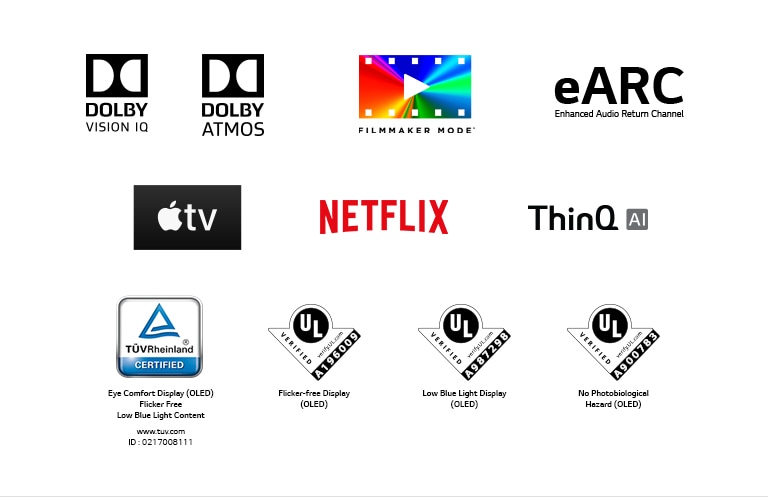 The mark of DOLBY VISION IQ, The mark of DOLBY ATMOS, The mark of FILMMAKER MODE, The mark of eARC, The mark of apple TV, The mark of NETFLIX, The mark of LG ThinQ, The mark of TÜV Rheinland, The mark of UL Verification