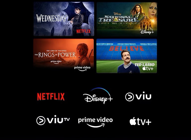 Netflix《星期三》、Disney+《驚天奪寶》、Prime Video《力量之戒》及 Apple TV Plus《乜都得教練》靜態影像的海報。