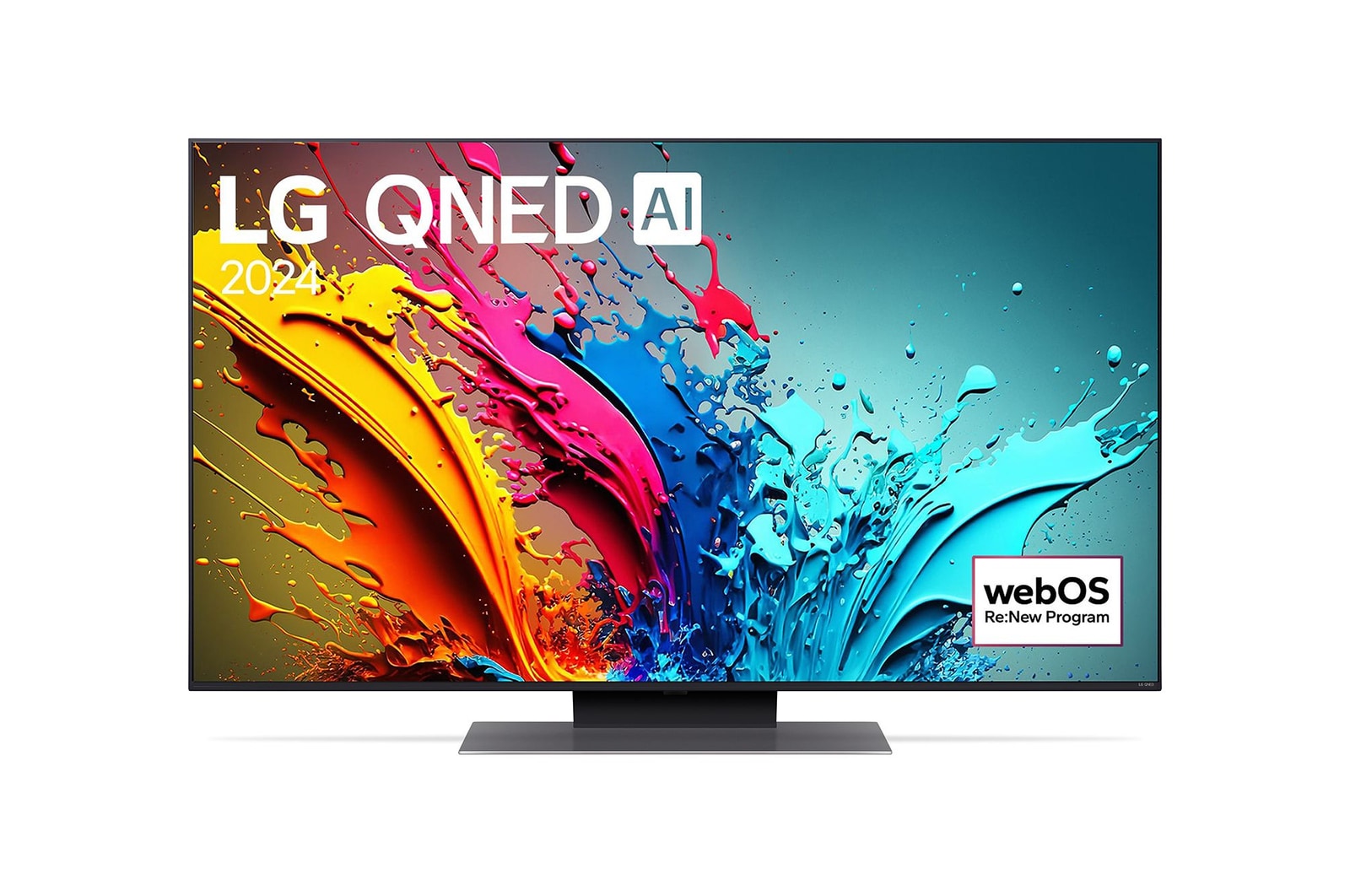 LG QNED86 4K 智能電視的正面圖,螢幕上顯示文字「LG QNED, 2024」和 webOS Re:New Program 標誌