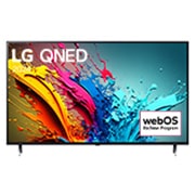 LG QNED86 4K 智能電視的正面圖，螢幕上顯示文字「LG QNED, 2024」和 webOS Re:New Program 標誌