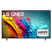 LG QNED86 4K 智能電視的正面圖，螢幕上顯示文字「LG QNED, 2024」和 webOS Re:New Program 標誌