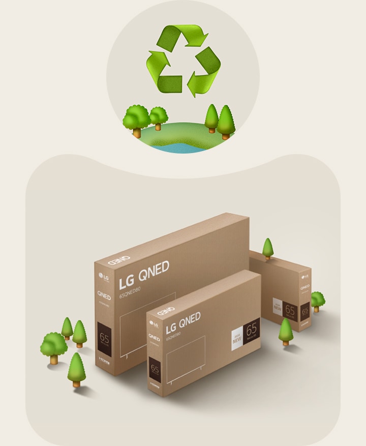 LG QNED 包裝位於米色背景上，其上方有樹木插圖。