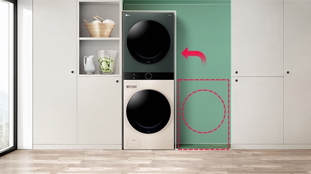 在 WashTower™ 洗衣機旁邊有一個乾衣機外形的線條圖形，箭頭從線條圖形指向 WashTower™ 產品。 表示為洗衣機與乾衣機的結合。