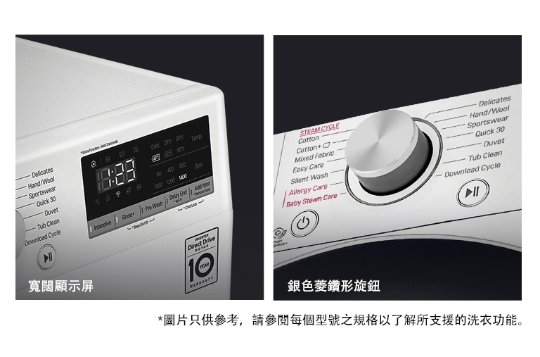 LG 洗衣機配有寬闊顯示屏和銀色旋鈕,顯示多種洗滌模式如嬰兒蒸汽護理和敏感護理。