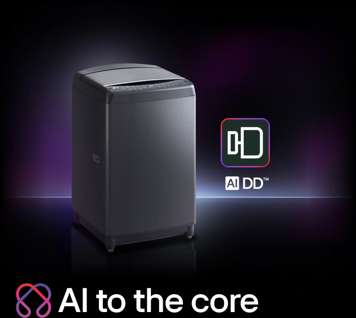 LG 頂揭式洗衣機,附有 LG AI 標誌和徽章(AI to the core、AI DD)