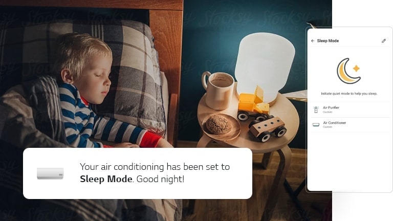 圖片顯示一個小男孩在床上睡覺。他旁邊有個 LG ThinQ 應用程式螢幕，上面顯示他房間裡的空調設定。