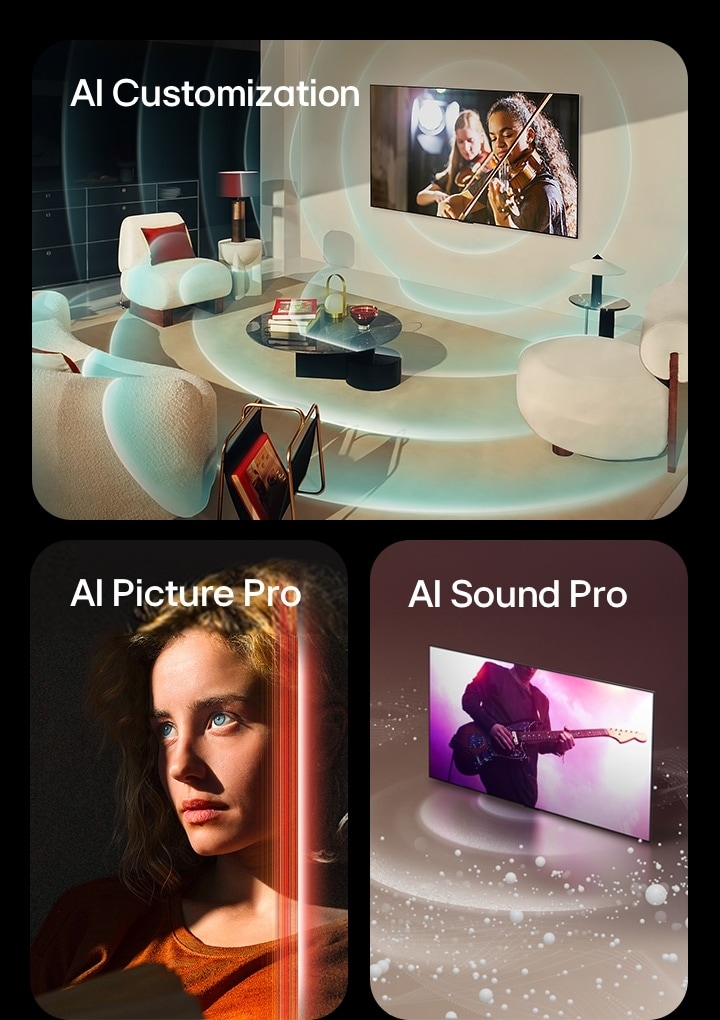 LG OLED 在現代生活空間中,而屏幕上正展示一場音樂表演。藍色的圓形波紋描繪個人化設置,並圍繞著電視和空間。 一名擁有深邃藍眼睛和深橙色上衣的女性正身處較暗的空間中。紅線描繪出 AI 的升級功能,並覆蓋了該名女士的部分臉龐——亮麗而詳細,而圖像的其餘部分則看起來較為暗淡。 LG OLED TV 像音效泡泡及水波紋一樣,從屏幕一直散佈開來,逐漸填滿整個空間。