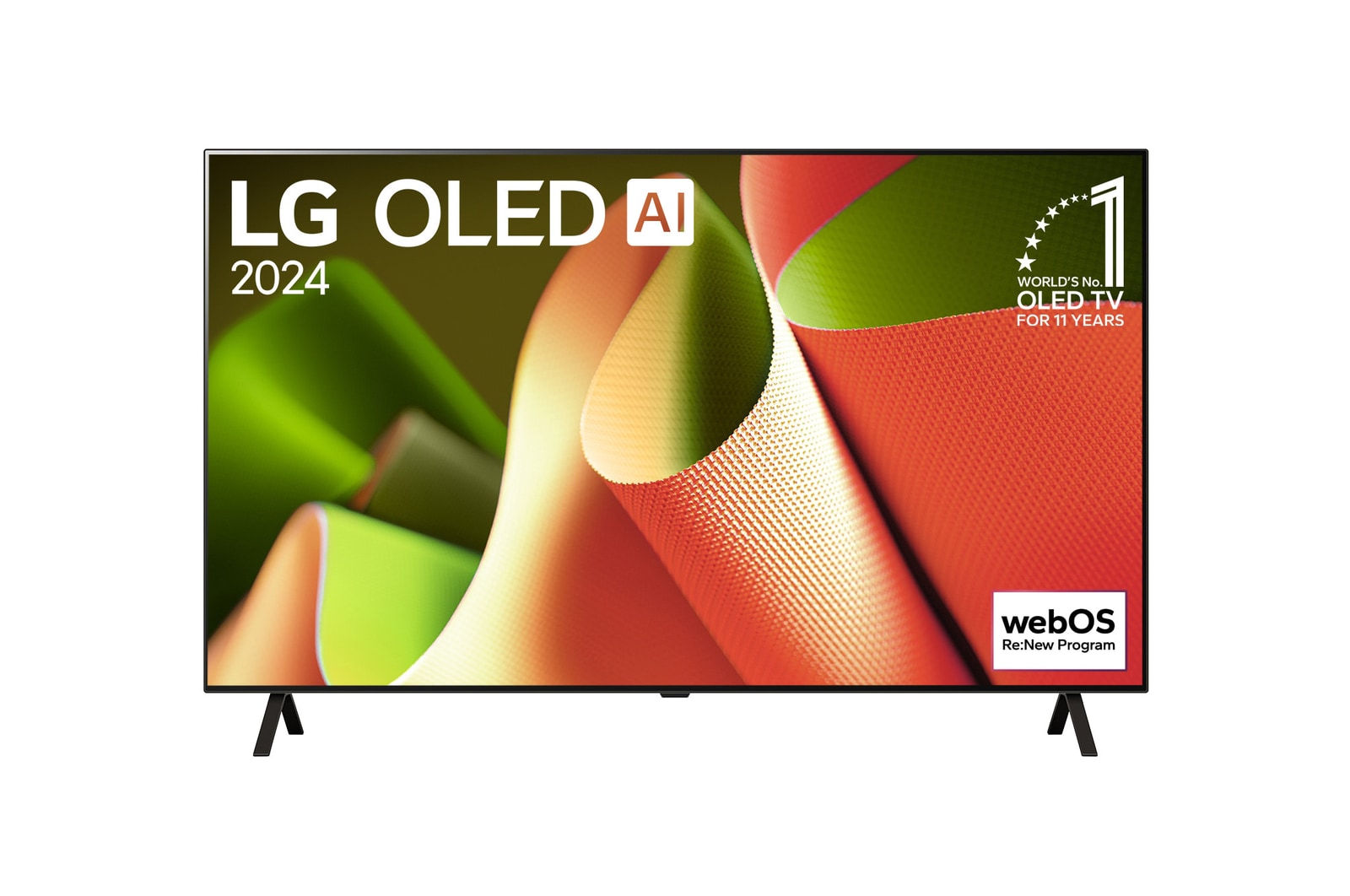 正面視圖，LG OLED B4 TV，11 年世界第一的 OLED 標誌和 webOS Re:New 計劃標誌顯示在屏幕上，帶有兩極座檯架。