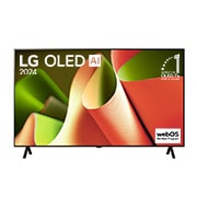 正面視圖，LG OLED B4 TV，11 年世界第一的 OLED 標誌和 webOS Re:New 計劃標誌顯示在屏幕上，帶有兩極座檯架。