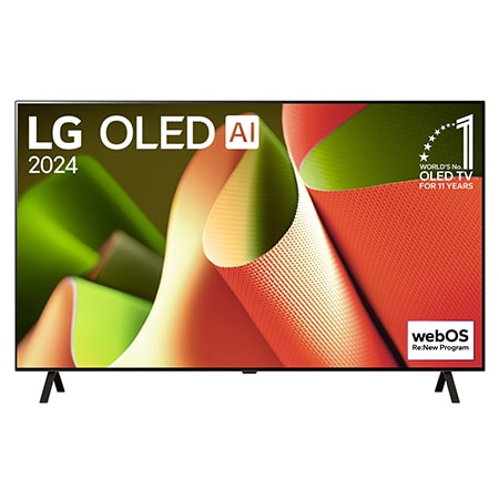 正面視圖，LG OLED B4 TV，11 年世界第一的 OLED 標誌和 webOS Re:New 計劃標誌顯示在屏幕上，帶有兩極座檯架。