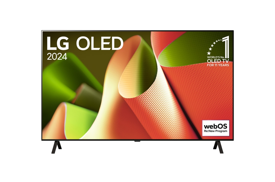 正面視圖，LG OLED B4 TV，11 年世界第一的 OLED 標誌和 webOS Re:New 計劃標誌顯示在屏幕上，帶有兩極座檯架。