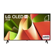 正面視圖，LG OLED B4 TV，11 年世界第一的 OLED 標誌和 webOS Re:New 計劃標誌顯示在屏幕上，帶有兩極座檯架。