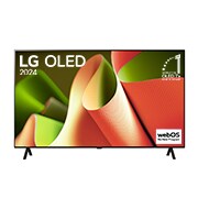 正面視圖，LG OLED B4 TV，11 年世界第一的 OLED 標誌和 webOS Re:New 計劃標誌顯示在屏幕上，帶有兩極座檯架。