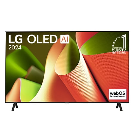 正面視圖，LG OLED B4 TV，11 年世界第一的 OLED 標誌和 webOS Re:New 計劃標誌顯示在屏幕上，帶有兩極座檯架。