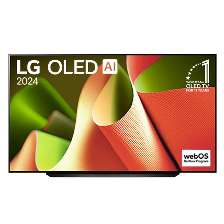 正面視圖，LG OLED B4 TV，11 年世界第一的 OLED 標誌和 webOS Re:New 計劃標誌顯示在屏幕上，帶有兩極座檯架。