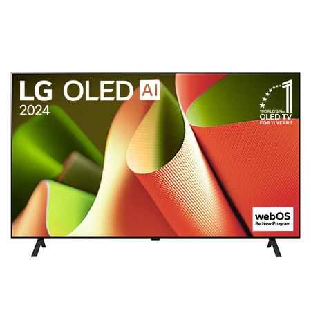 正面視圖，LG OLED B4 TV，11 年世界第一的 OLED 標誌和 webOS Re:New 計劃標誌顯示在屏幕上，帶有兩極座檯架。