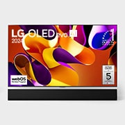 正面視圖，LG OLED evo G4 4K 智能電視，11 年世界第一的 OLED 標誌和 5 年面板保養標誌顯示在屏幕上，而其下方是 Soundbar