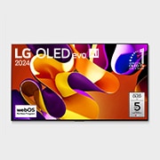 正面視圖，LG OLED evo G4 4K 智能電視，11 年世界第一的 OLED 標誌和 5 年面板保養標誌顯示在屏幕上