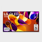 正面視圖，LG OLED evo G4 4K 智能電視，11 年世界第一的 OLED 標誌和 5 年面板保養標誌顯示在屏幕上