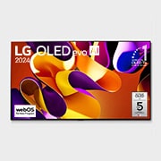 正面視圖，LG OLED evo G4 4K 智能電視，11 年世界第一的 OLED 標誌和 5 年面板保養標誌顯示在屏幕上