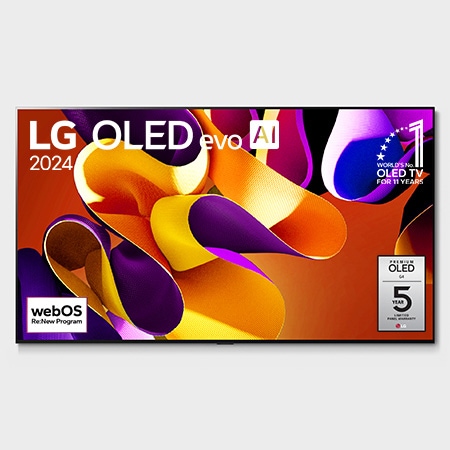 正面視圖，LG OLED evo G4 4K 智能電視，11 年世界第一的 OLED 標誌和 5 年面板保養標誌顯示在屏幕上