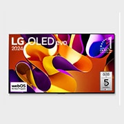 正面視圖，LG OLED evo G4 4K 智能電視，11 年世界第一的 OLED 標誌和 5 年面板保養標誌顯示在屏幕上