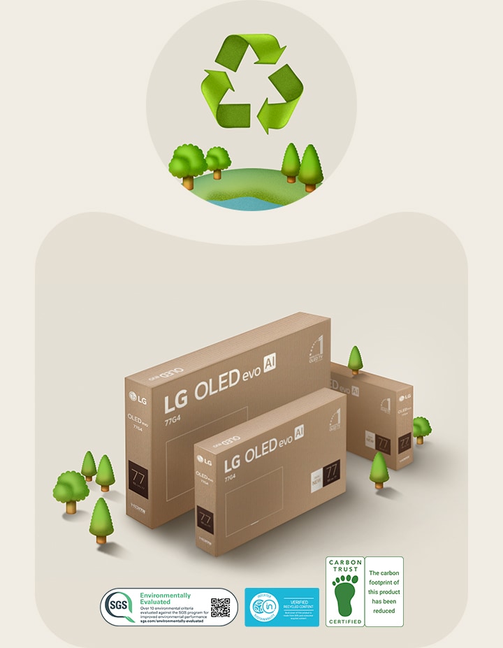 LG OLED 包裝位於米色背景上，其上方有樹木插圖。